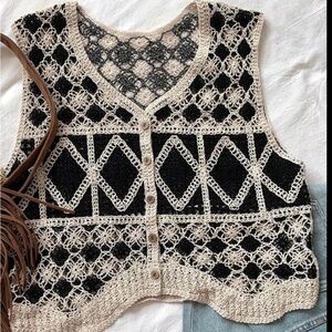 SHEIN Black and Cream Crochet Vest